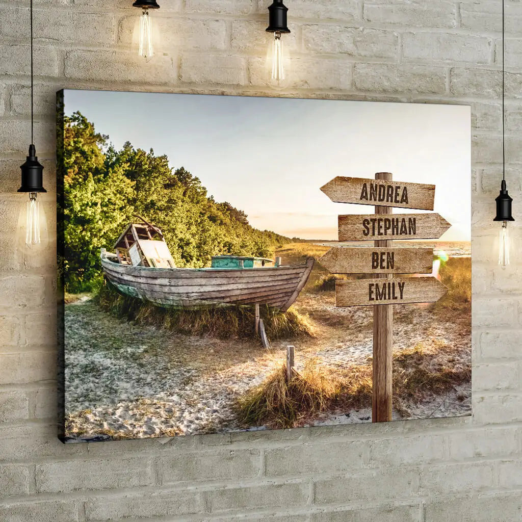 Boat at the Lake - Signpost - Personalized Custom Canvas